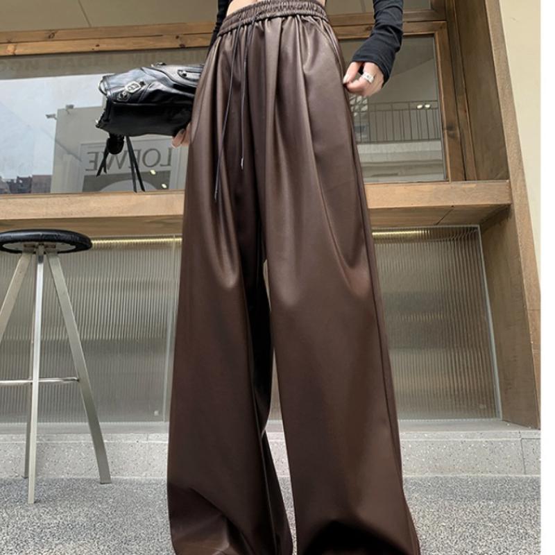 Pantalones de Moda Urbana Negros de Cuero PU de Pierna Ancha para Mujer Sólidos Rectos Sueltos Casuales Pantalones Elegantes de Cintura Alta Ajustados Vintage para Dama 25620
