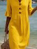 Summer New Cotton Linen V-Neck Buttoned Ruffled Sleeve Dress for Women