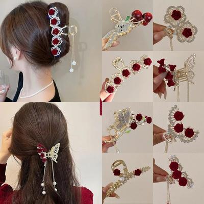 Vintage Velvet Red Rose Hair Claws For Women Luksusowe Metalowe Spinki Spinki Do Włosów Nowe Akcesoria Do Włosów Z Kryształkami Nakrycia Głowy