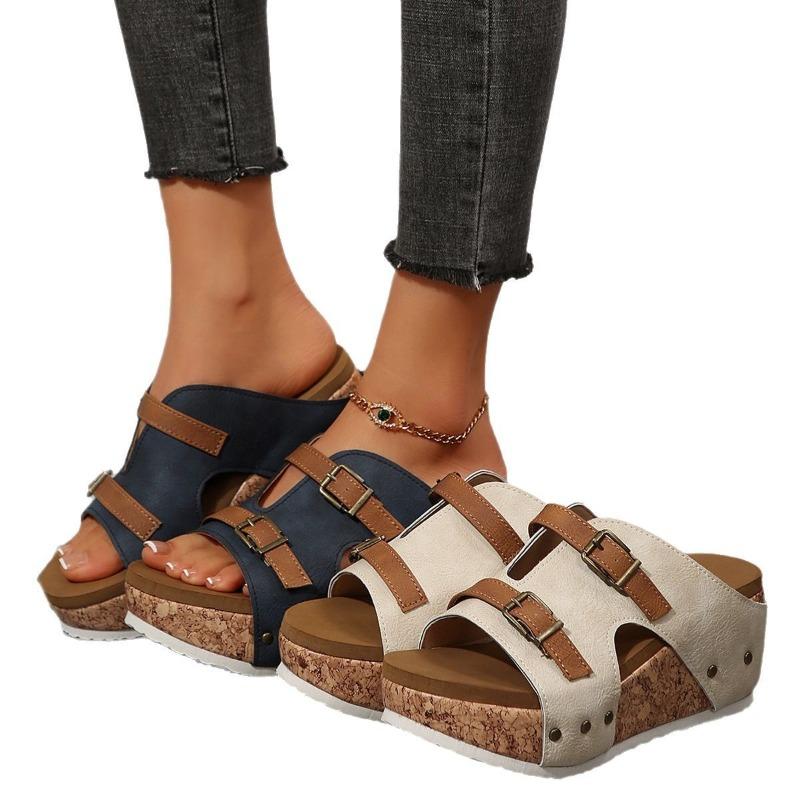 New Large-sized Thick-soled Wedge Heel One-strap Slipper Women's Shoes with Buckle