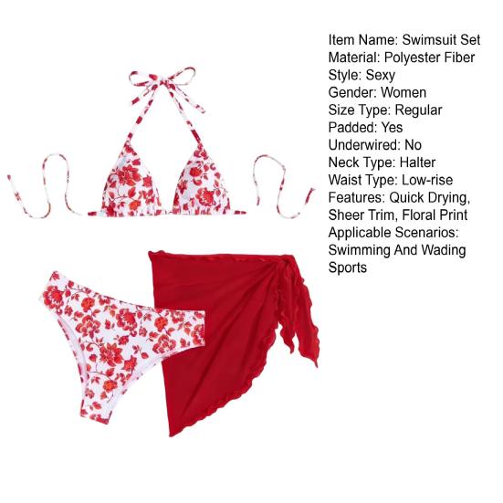 3Pcs/Set Swimsuit Set Halter Chest Pads No Underwire Bra Swimming Briefs Sheer Trim Cover Up Skirt Set Floral Print Split Swimsuit