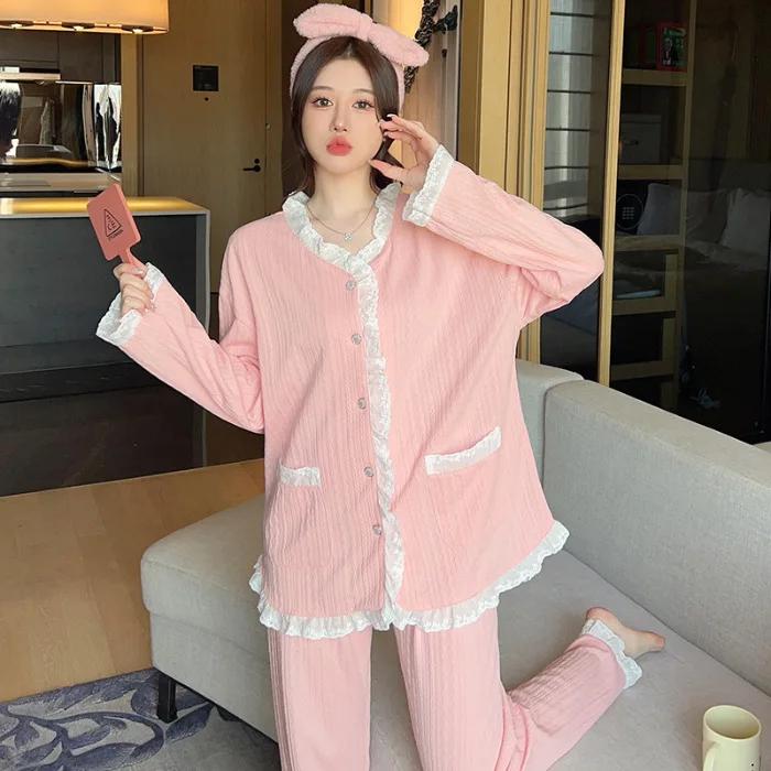 Cotton Pajamas Women Spring Fall Cute Thin Two-piece Suit Sweet Students Sleepwear Long Sleeve Loose Homewear