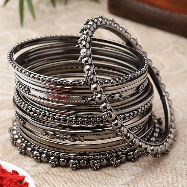 Oxidised Silver-Plated Textured Bangles Jewellery Set for Girls and Women
