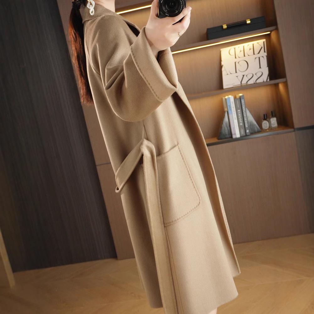 Women's Extra Long Double-Sided 100% Wool Coat with Belt for Autumn and Winter
