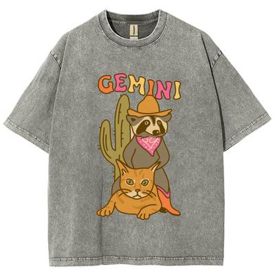 Gemini Cartoon Print Women T-Shirt Washed Denim Oversized Loose Crew Neck Couple Half Sleeve Unisex Cute Retro Style Top