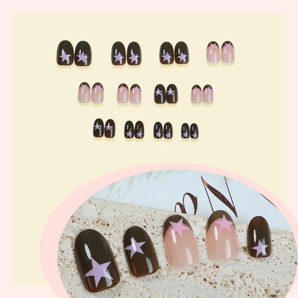 24Pcs Brown French Tip Short Oval Press On Nails Y2K Pink Star Pattern Full Cover Fake Nails For Women