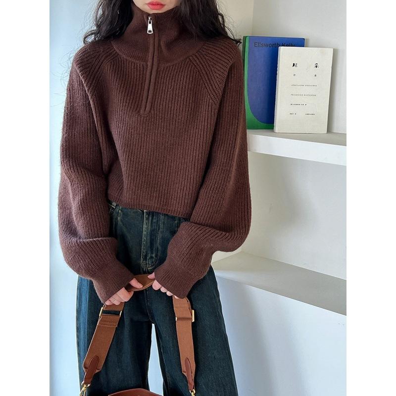 Pullover mit halbem Reißverschlusskragen für Damen, weich gestrickt, langärmlig, kurzer Pullover, Herbst Winter, Teenager-Mädchen, Koreanische Mode, Outfit