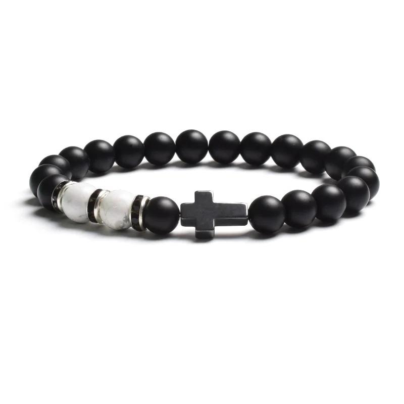 Fashion Religion Cross Men Women 8mm Natural Stone Tiger Eye & Black Matte Agates Bead Bracelet Elastic Bracelet Bangle Jewelry