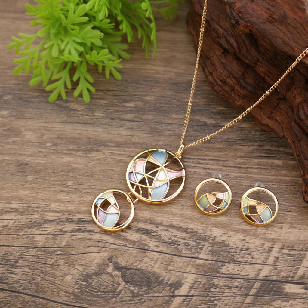 New enamel color round hollow flower stud earrings pendant set, women's fashion versatile flower necklace