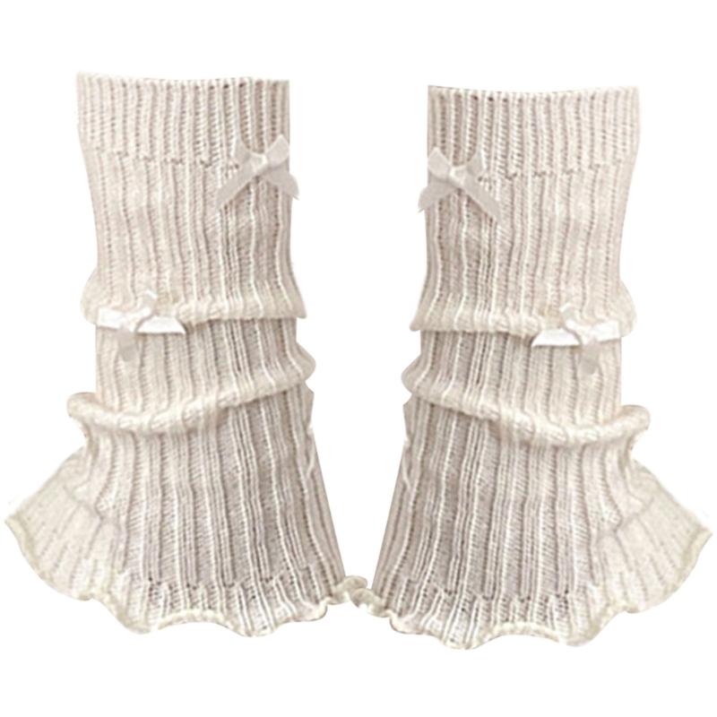 Sweet Girls Leg Warmers Women Ribbed Knit Striped Foot Cover Elegant Bowknot Ruffled Trim Boot Cuffs Footless Calf Socks