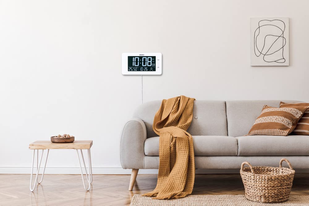 Seiko Clock Digital Alarm Temperature and Humidity x 23 x cm DL216W, Clock, Radio-Controlled, AC-Powered, 3-Mode Display, Display, White, Dimensions