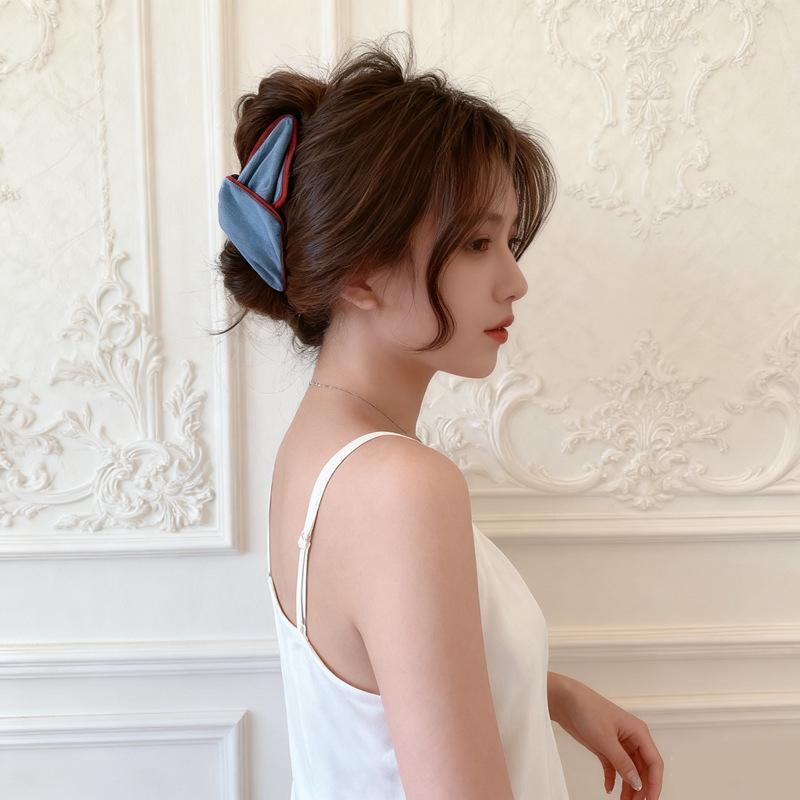 Korean Retro Color Block Denim Triangle Claw Clip - High-End 2025 Shark Hair Accessory for Women