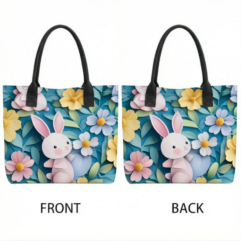 Cute Rabbit Floral Printed Tote Bag Casual Large Capacity Handbag for Daily Use