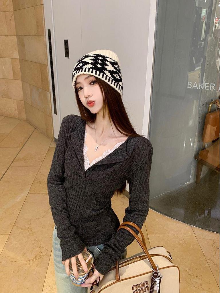 Gray Lace V-Neck Knit Top - Autumn/Winter Slim Fit Long Sleeve Base Layer