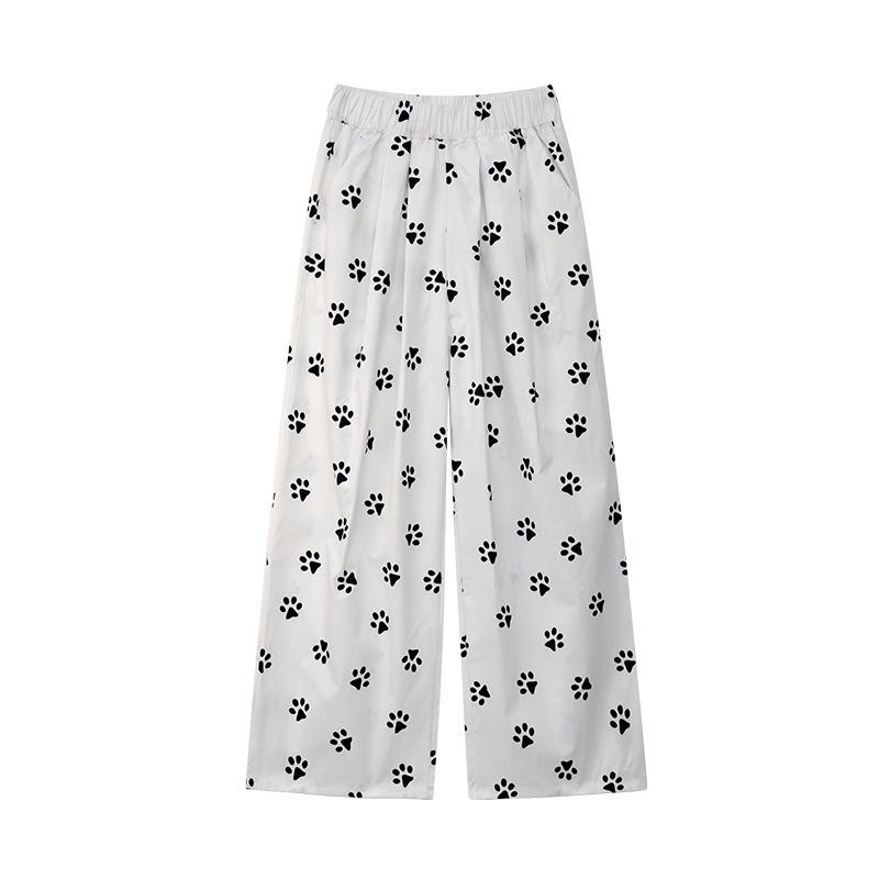 White Dog Paw Printed Milk Fu Wide-leg Pants Women's Summer Thin New Small Drape Ice Silk Yamamoto Pants