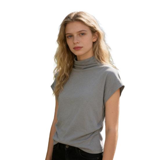 Women T-shirt Turtleneck Batwing Short Shirring Pullover Tops Sleeve Side Pure Color Loose Tailoring Casual T-shirt L серый