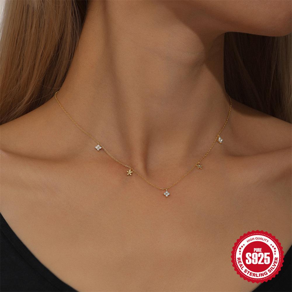 Fashion S925 Sterling Silver Flower Four-Petal Flower With Diamonds Stacked Women'S Clavicle Necklace