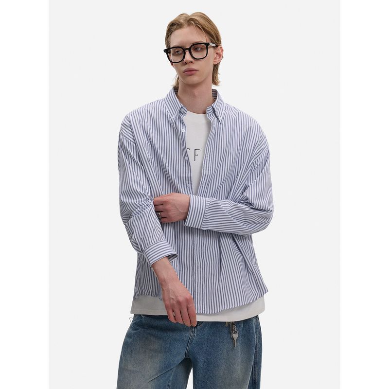 Blaexit American Miu Style Preppy Blue Striped Long-Sleeve Shirt for Men, Loose Casual Cleanfit Shirt