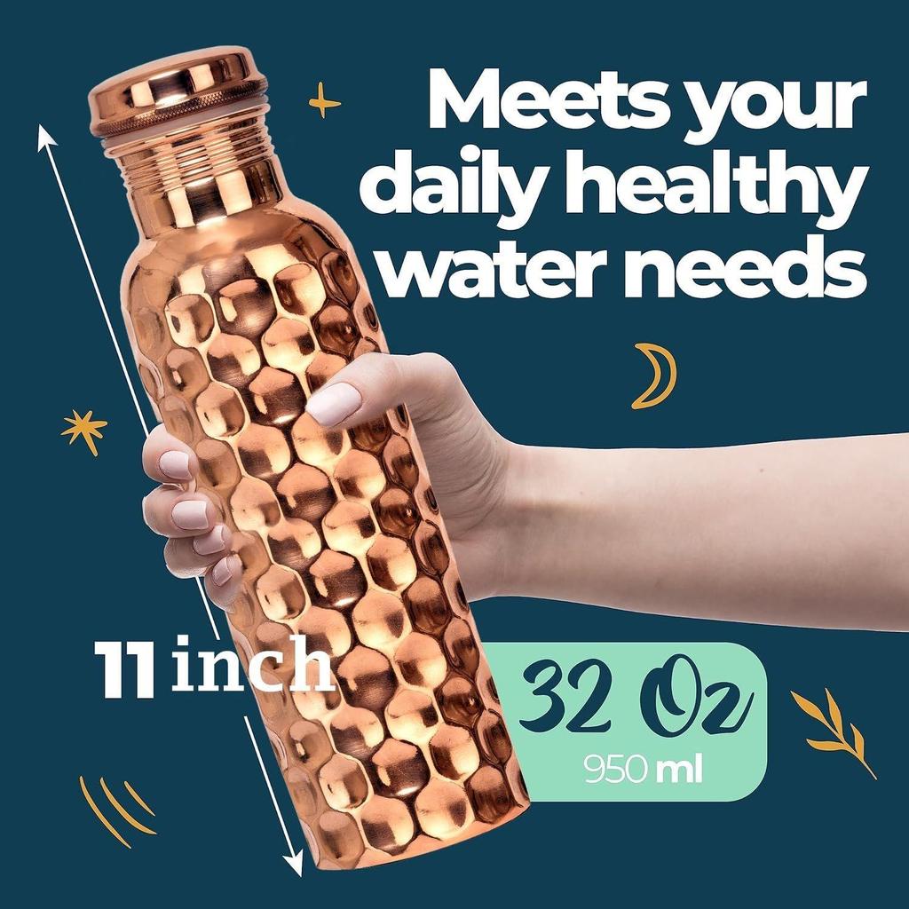 Copper Water Bottle 100% Pure Ayurvedic Copper BPA Free Leak Proof, Water Flask Kitchen Accessory Fancy Diamond Bottles