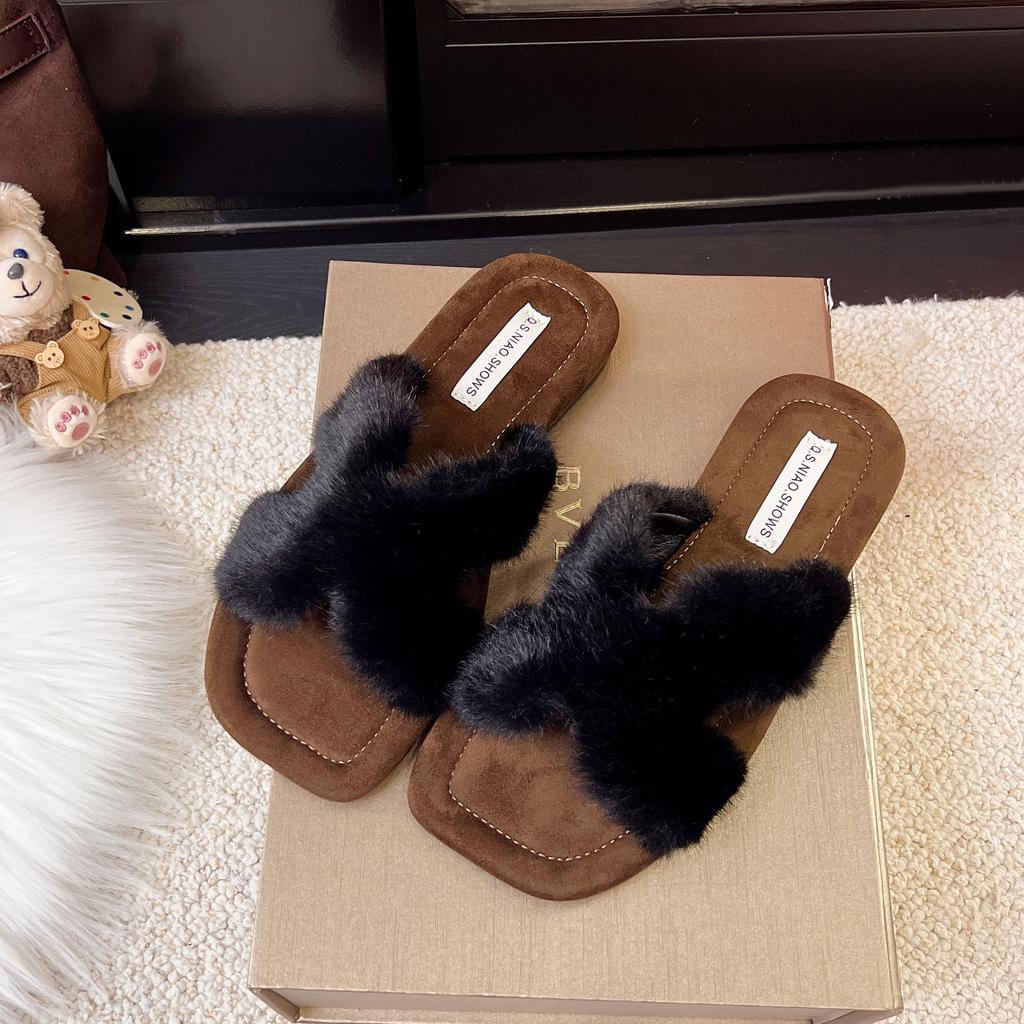 Retro Leopardendruck quadratischer Kopf flauschige Schuhe für Damen Oberbekleidung 2025 Herbst neu flauschige faule Schuhe gekreuzt mit Baumwollpantoffeln