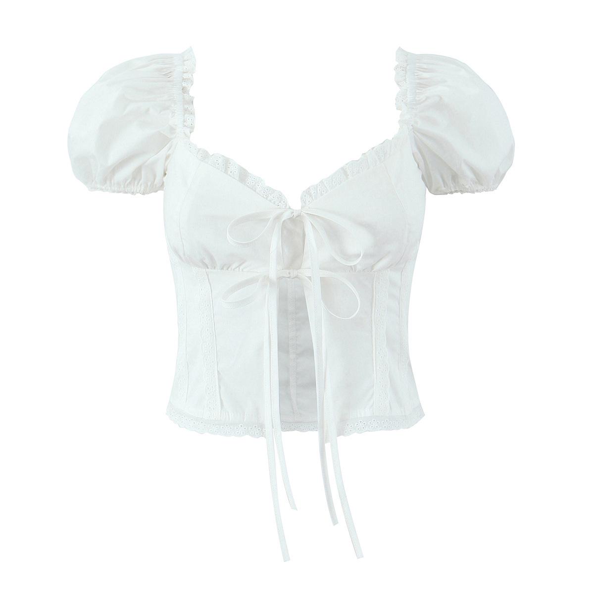 

2025 Women s French Suit: Pure Desire Waist Strap Puff Sleeve Top + High Waist Lace Long Skirt L