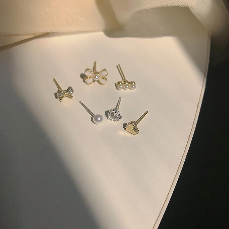 6Pair/Set Design Sense Mini Pearl Butterfly Diamond Earrings Sets Gentle Exquisite Jewelry Earrings Ear Decoration