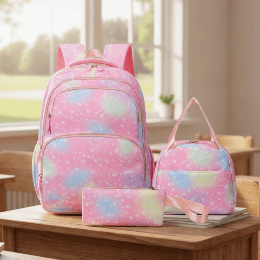 Casual Nylon Backpack Daypack Students School Bag Three-piece School Bag Set Junior High School