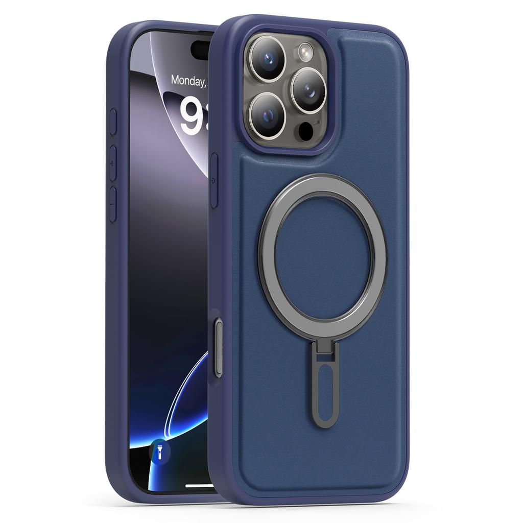 Magsafe Magnetic Metal Car Bracket Ring Luxury Matte Leather Phone Case For iPhone 16 Pro Max 14 11 12 13 15 Pro Max Back Cover