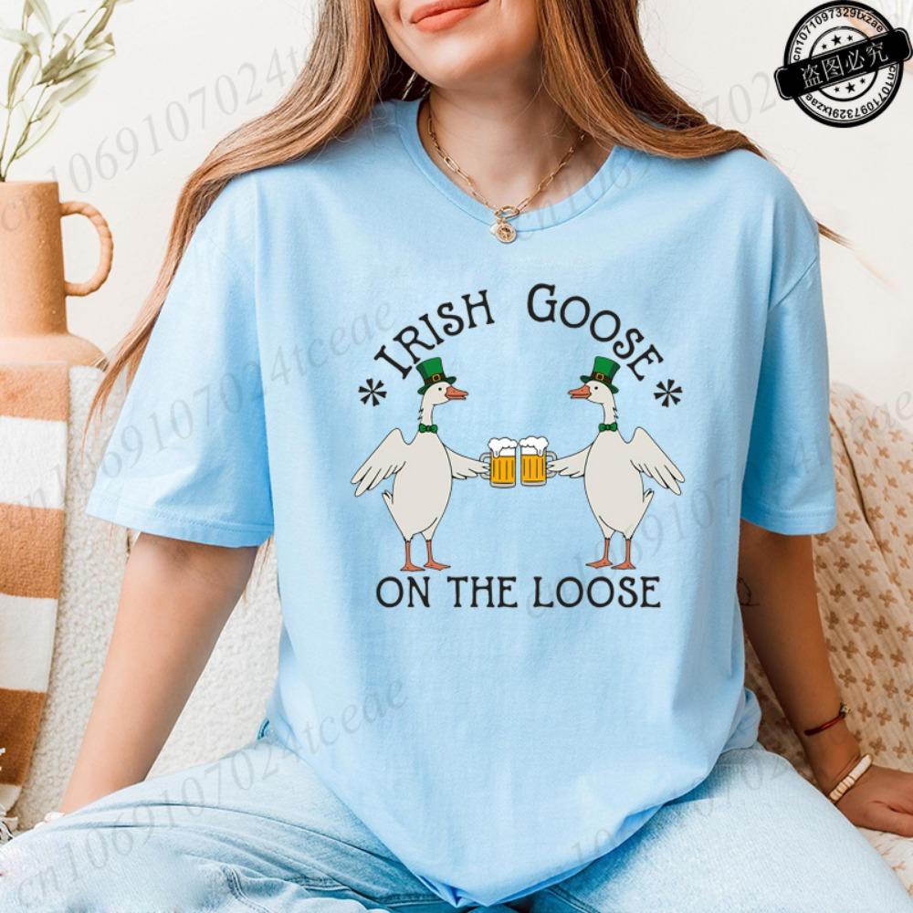 Lucky Goose on The Loose Printed Tshirt Shirt for Women St Patrick's Day T-Shirts Short Sleeve Drinking Goose Fashion Tops Tees