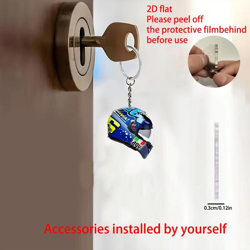 1Pcs 2D Whimsical Pendant Motorcycle Helmet Keychain Flat Acrylic Ornament Charm Hanging Decoration For Car Bags Party Gifts