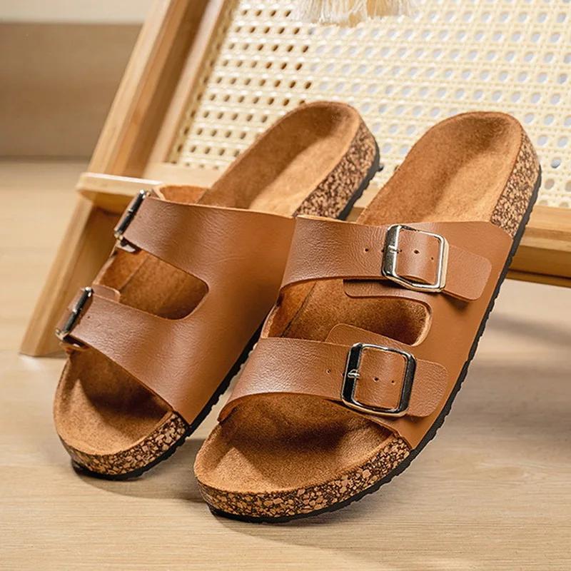 Men Summer Slide Sandals Male Outdoor Double-buckle Slides Shoes Fashion Retro Thick-sole Trending Slippers Youth Boy Sandals 36 коричневый