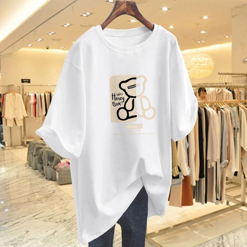 Cartoon Short-sleeved T-shirt Women's Summer New Large Size Loose Medium and Long Half-sleeved T-shirt Pure Cotton Top Bottoming Shirt