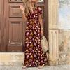 Summer Bohe Style V-neck Floral Printed Dress Belt Loose Short Sleeve Fashion Elegant Casual A-line Party Long Dresses Female Dtreetwear Clothing