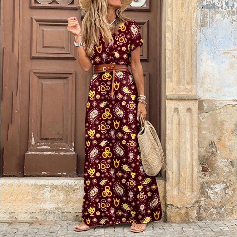 Summer Bohe Style V-neck Floral Printed Dress Belt Loose Short Sleeve Fashion Elegant Casual A-line Party Long Dresses Female Dtreetwear Clothing