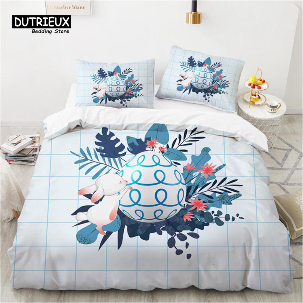 Easter Eggs Bedding Set King Queen Size Cartoon Rabbit Duvet Cover With Pillowcase For Kids Adults As Greetings And Presents