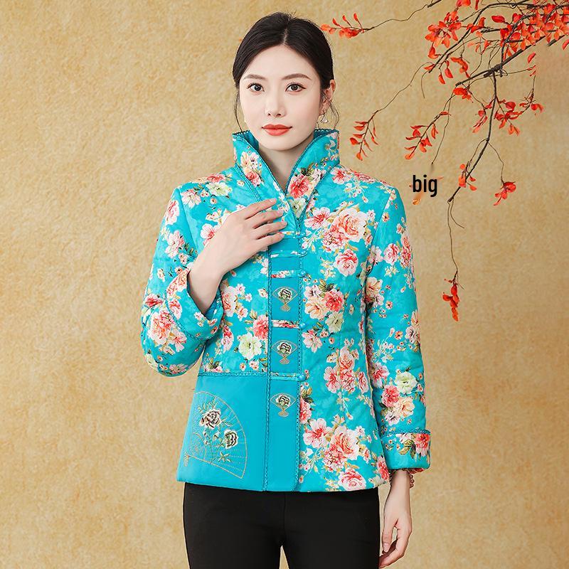 Mom's Ethnic Style Stand Collar Tang Suit: Autumn/Winter Slim Fit Cotton Jacket for Middle-Aged & Elderly Women