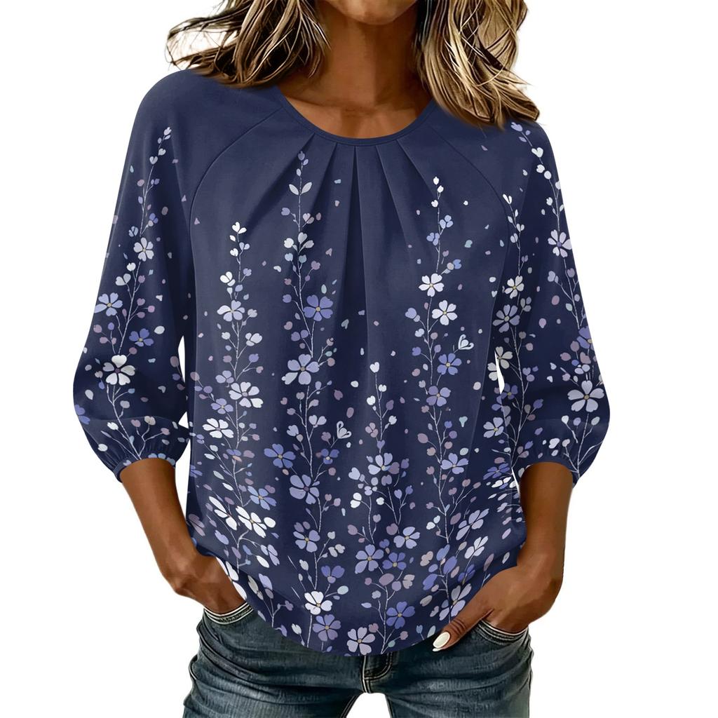Women Floral Print 3/4 Sleeve Round Neck Pleated Casual Blouse Top Lightweight Comfortable Fit