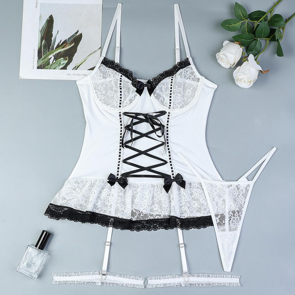 Sexy underwear pure desire wind lace cross strap bow black banged white cute girl suit 02