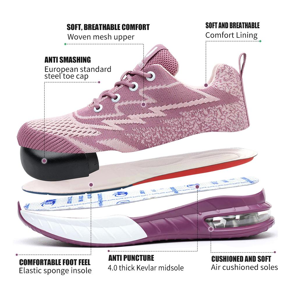 Women's Steel Toe Safety Shoes - Pink Anti Smash & Anti Puncture - Wide European Sizes - Fashion Work Boots for Ladies