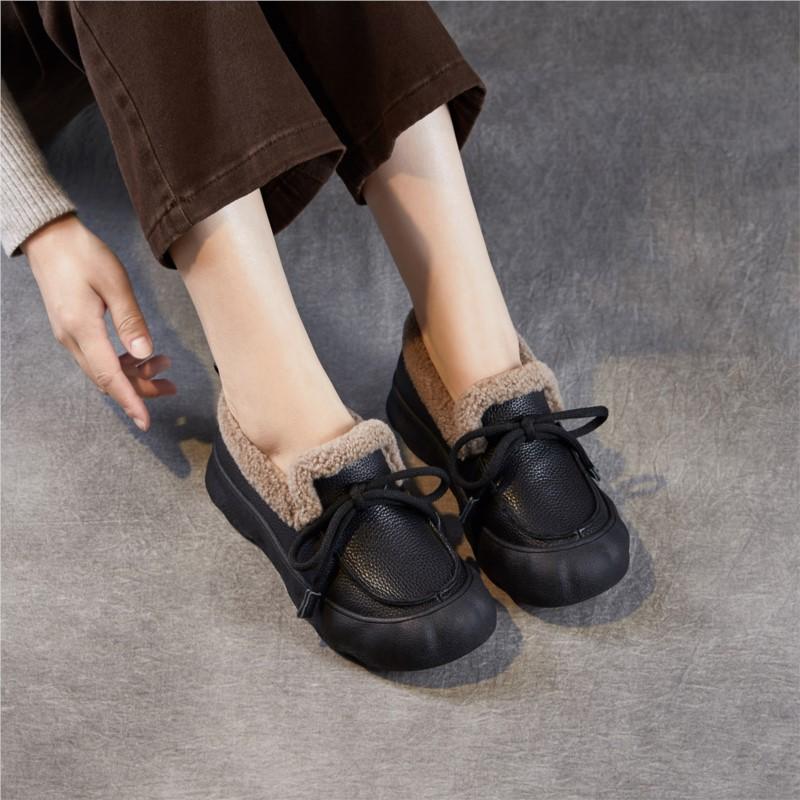 Johnature Plush Warm Loafers Thick Soled Casual Genuine Leather Versatile Round Toe Cotton Shoes