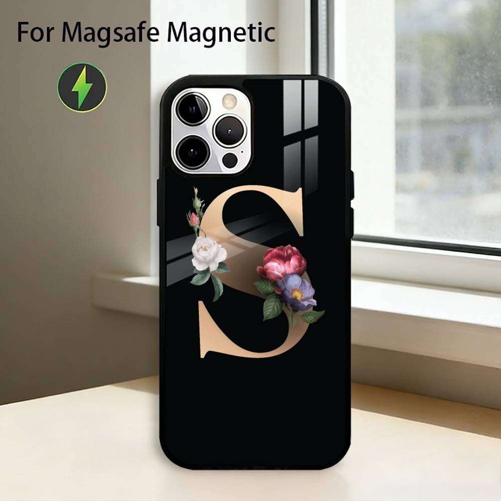 Flowers Initial L-Letter Phone Case For iPhone17,16,15,14,13,12,11 Plus,Pro Magnetic For Magsafe Wireless Charging