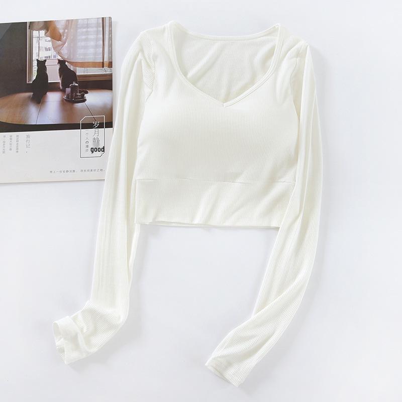 

Женская футболка с V-образным вырезом, укороченная, с длинным рукавом и встроенным бюстгальтером Large