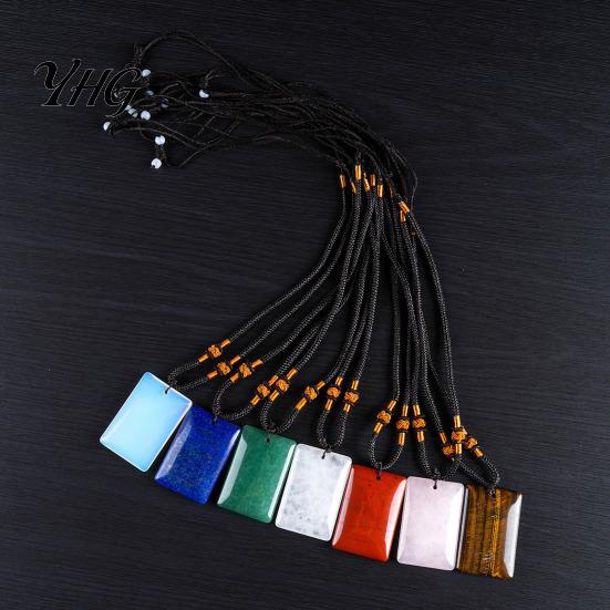Rectangle Faux Gemstone Necklace Natural Crystal Pendant Necklace, Healing Energy Stone with Adjustable Adults Braided Rope, Polished Fake Jewelry for