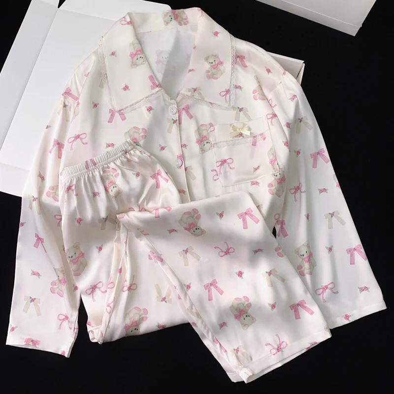Pink Little Bear Print Lace Women Pajamas Korean Cartoon Cute Bow 2pc Nightwear New Autumn Lady Sleepwear