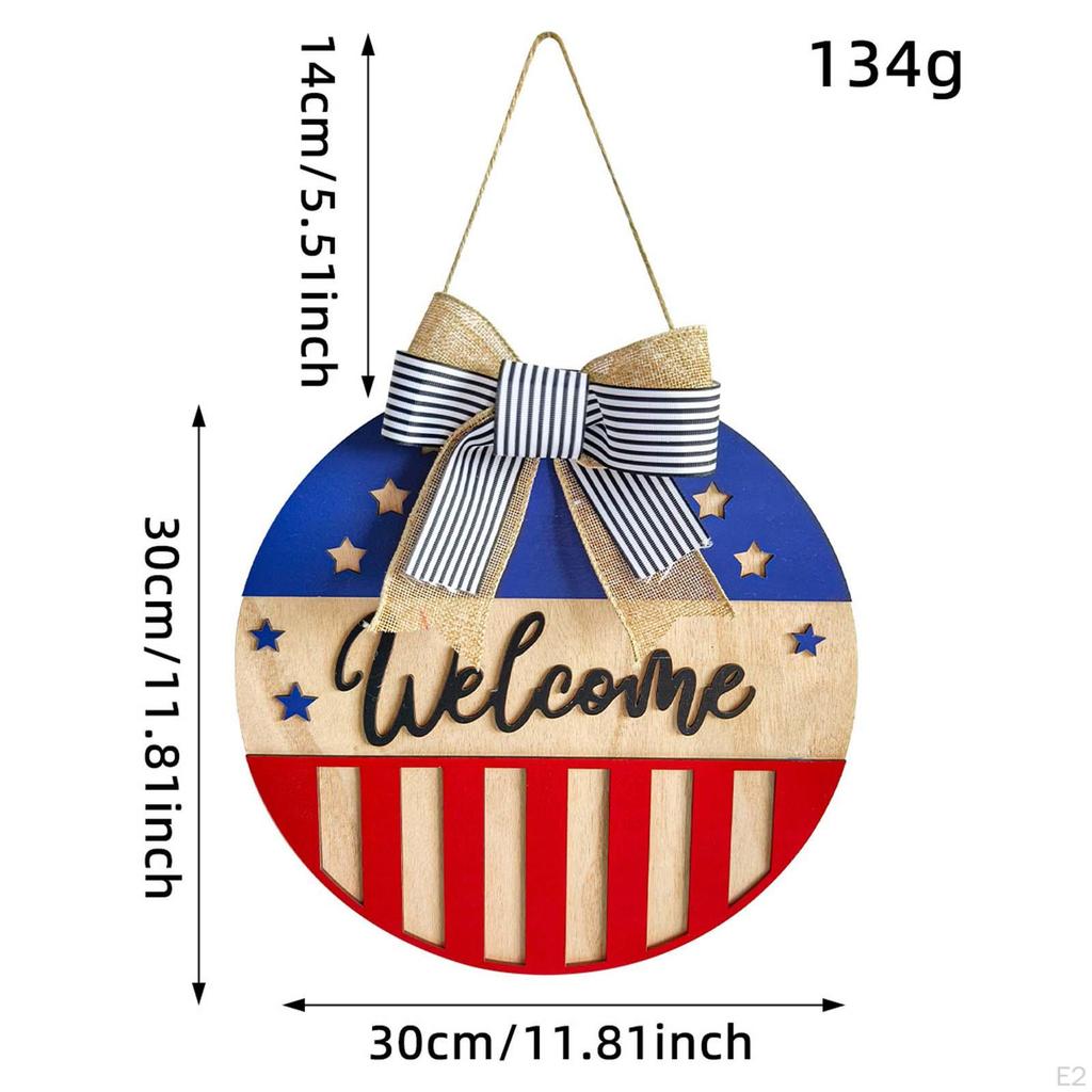 Wooden Independence Day Welcome Front Door Sign Round 30cm with Bowknot Multipurpose Home Decoration
