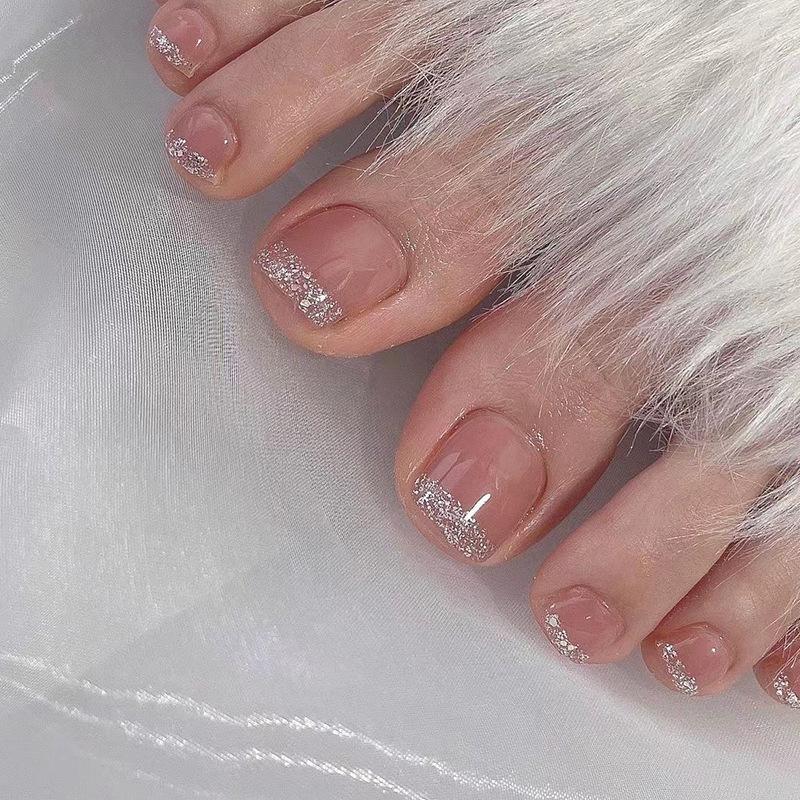 Wearable Nude Pink French Glitter Toenail Art Press-On Tips