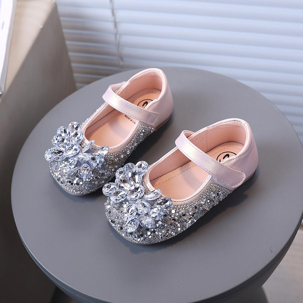 Girls Leather Shoes Shiny Crystal Sequins Kids Dress Shoes Wedding Dance 2025 New Children Flat Shoes Round Toes Sweet Hook&loop