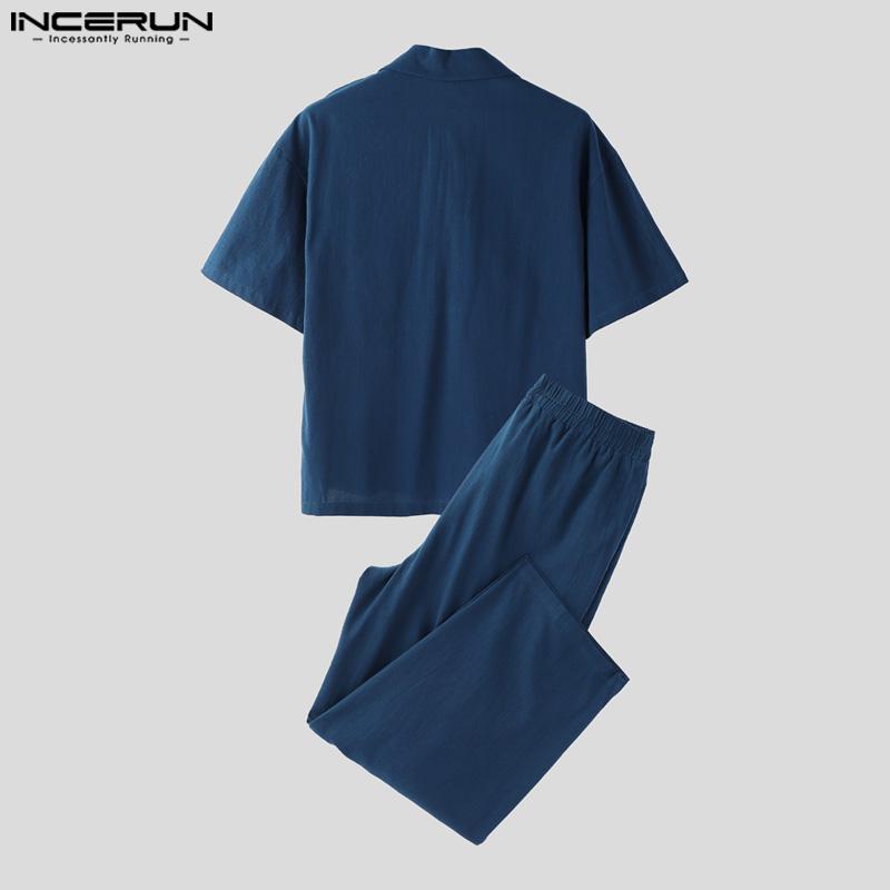 INCERUN Vintage Two Pieces Men Lapel Neck Short Sleeve T-Shirt Long Straight Pants Outfits