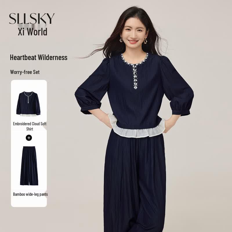 Sllsky Women s Relaxed Embroidered Top & Wide-Leg Pants Set S