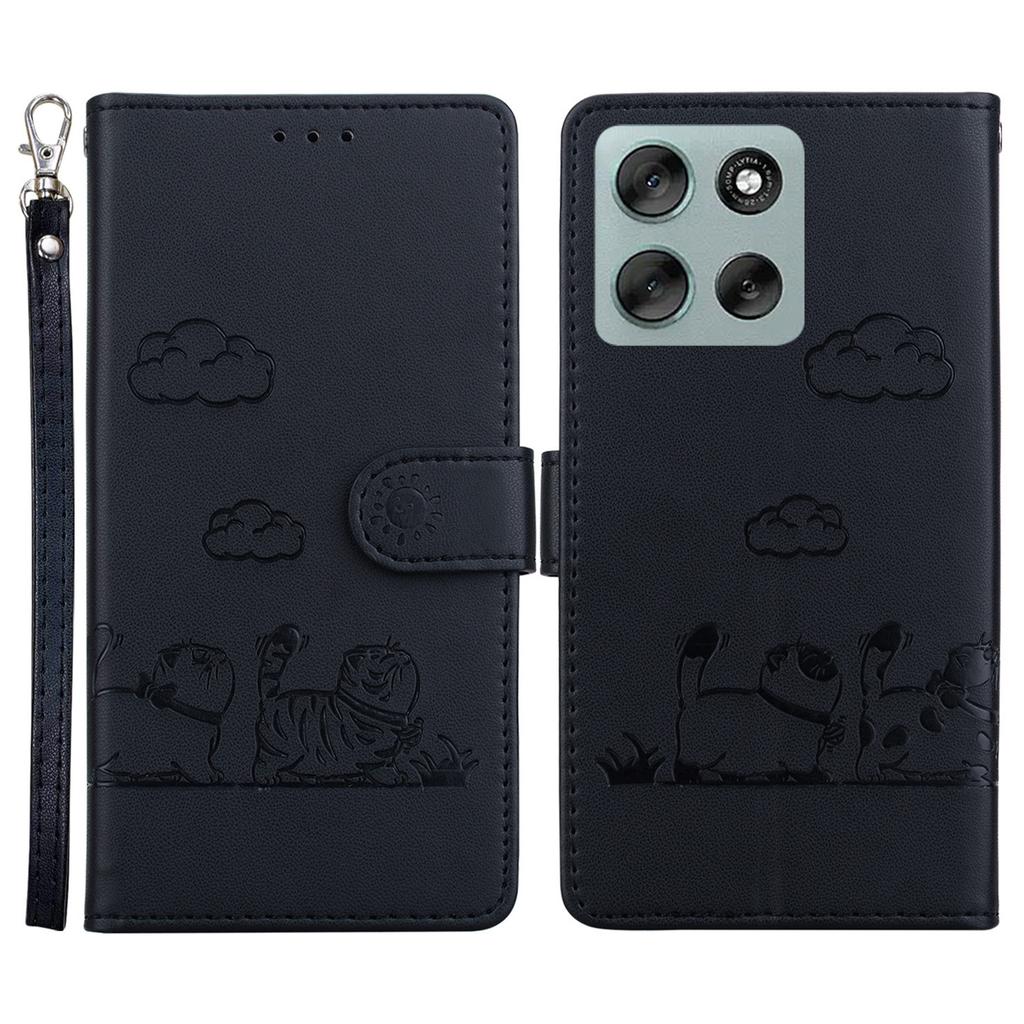 For Motorola Moto G56 5G Case RFID Blocking Kitten Pattern TPU+PU Leather Phone Cover with Wrist Strap